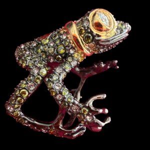 AB Stamped Crystal Frog Statement Ring Gunmetal Green Pavé Size 6